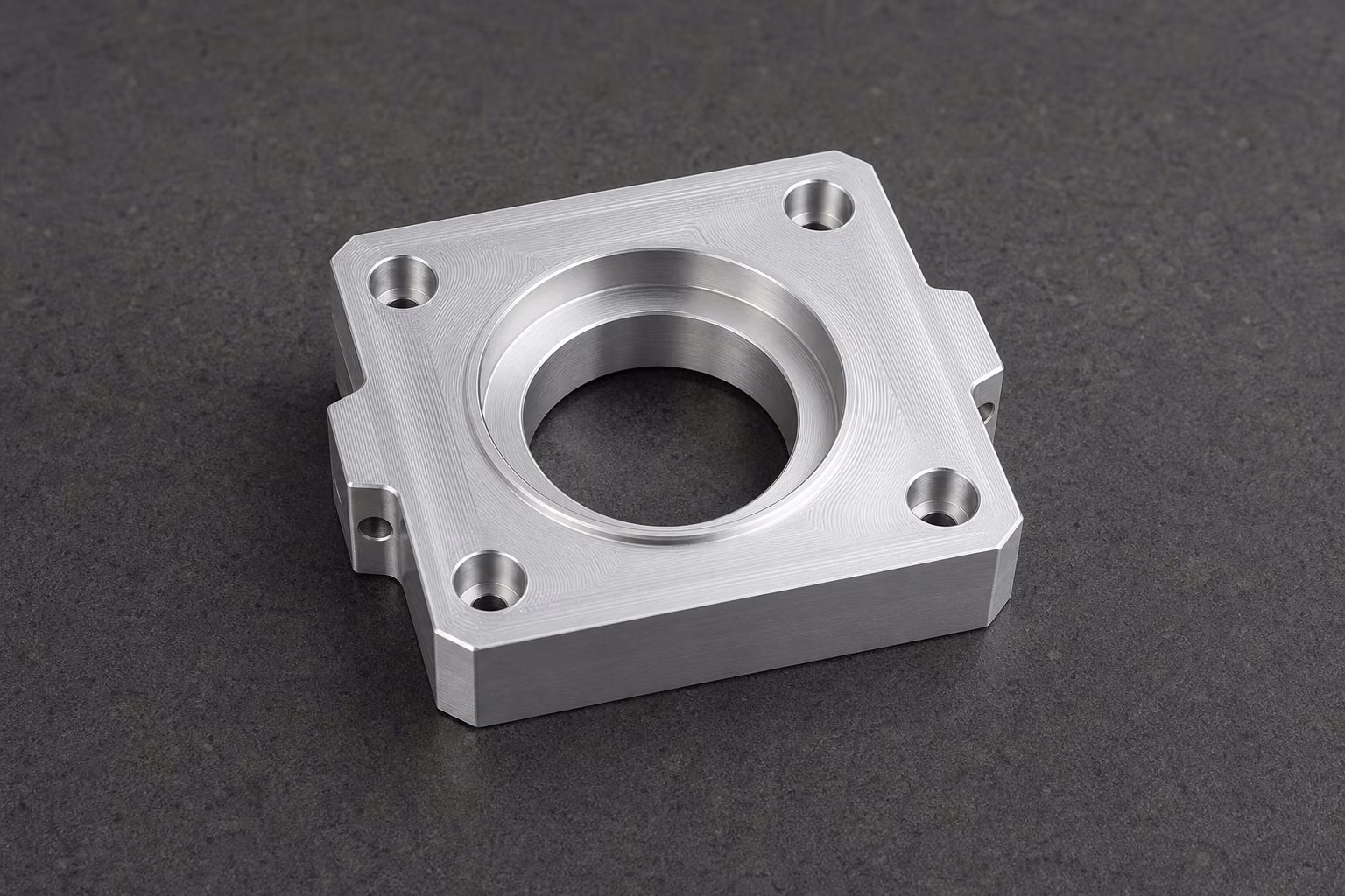 As-machined 6061 aluminum actuator housing with visible CNC tool paths across the faces, bore, and countersinks.