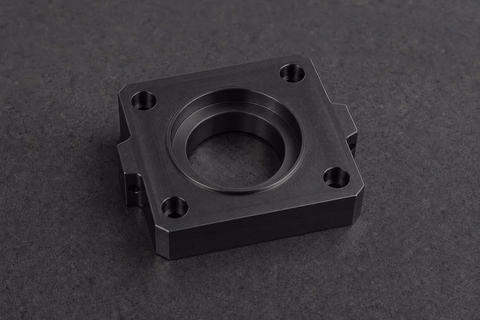 The same 6061 aluminum actuator housing with a deep black Type II anodized finish and faintly visible CNC tool paths.