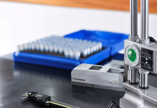 Dimensional inspection workstation with a height gauge, caliper, fixture, and batch of matching components