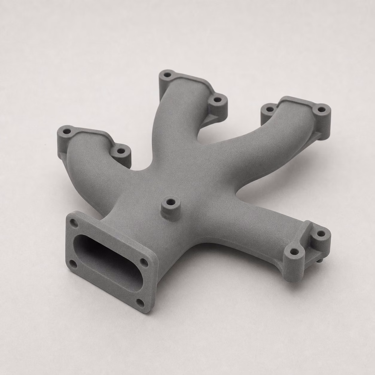 SLS PA12 branching automotive air duct with multiple curved passages, mounting flanges, and an integrated sensor port.