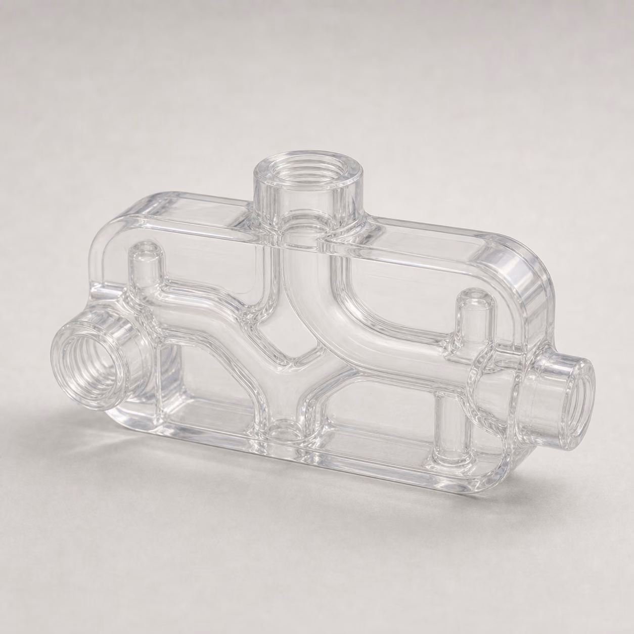 Transparent SLA fluid-flow prototype with enclosed branching channels, threaded ports, and polished viewing surfaces.