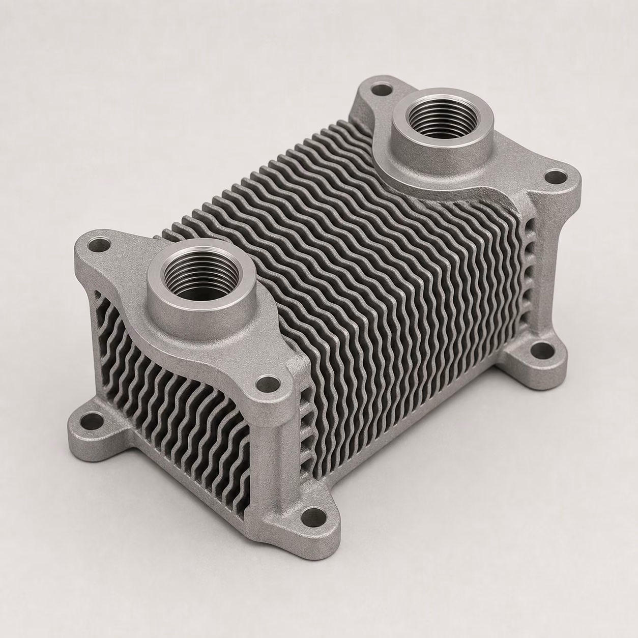SLM/DMLS AlSi10Mg compact heat exchanger with fluid ports, external fins, and machined sealing and mounting interfaces.
