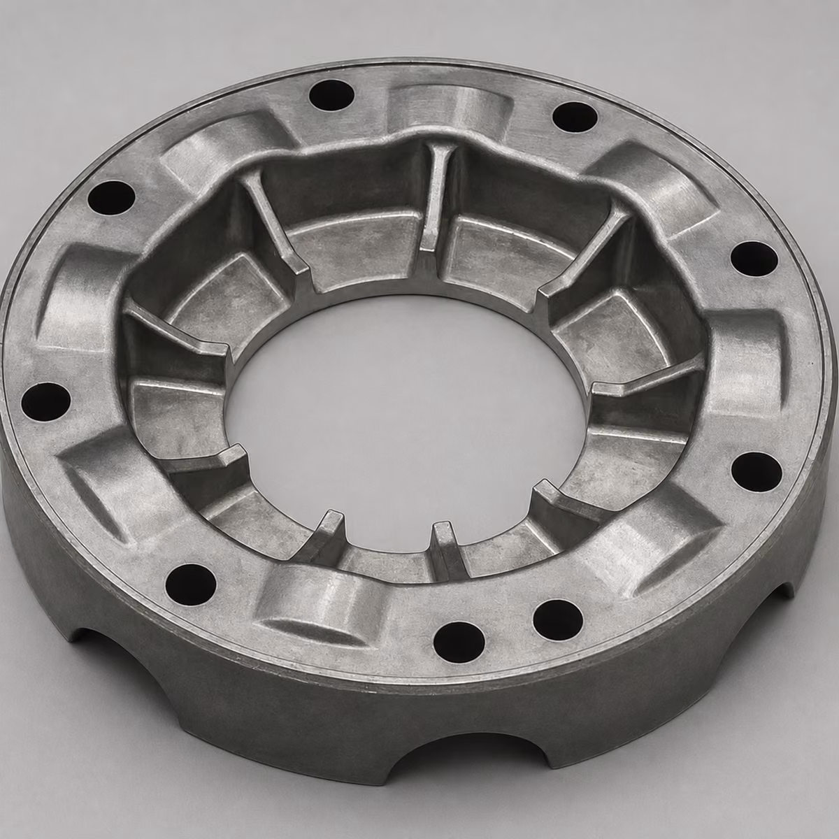 Circular cast aluminum automotive wheel component with a machined face, central opening, ribs, and bolt holes.