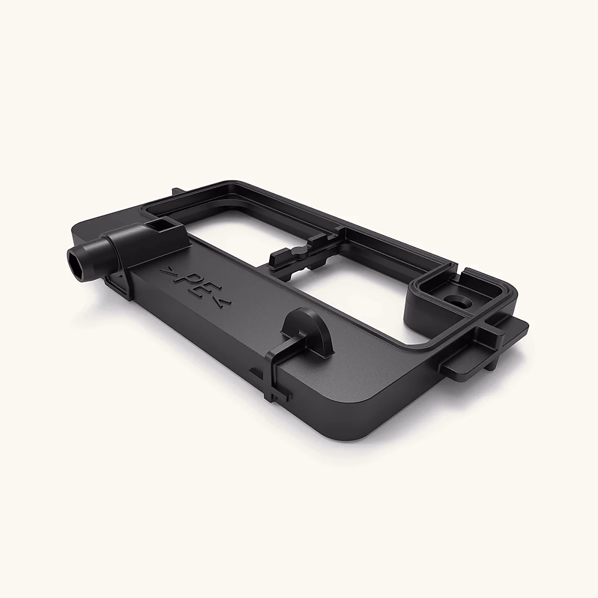 Black structural injection-molded frame with integrated ribs, clips, bosses, openings, and mounting features.