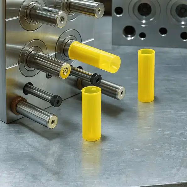 Yellow tubular molded components beside a molding fixture and metal core pins.