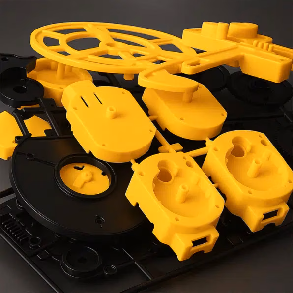 Yellow and black two-material molded component set with contrasting rigid bodies and resilient interface regions.