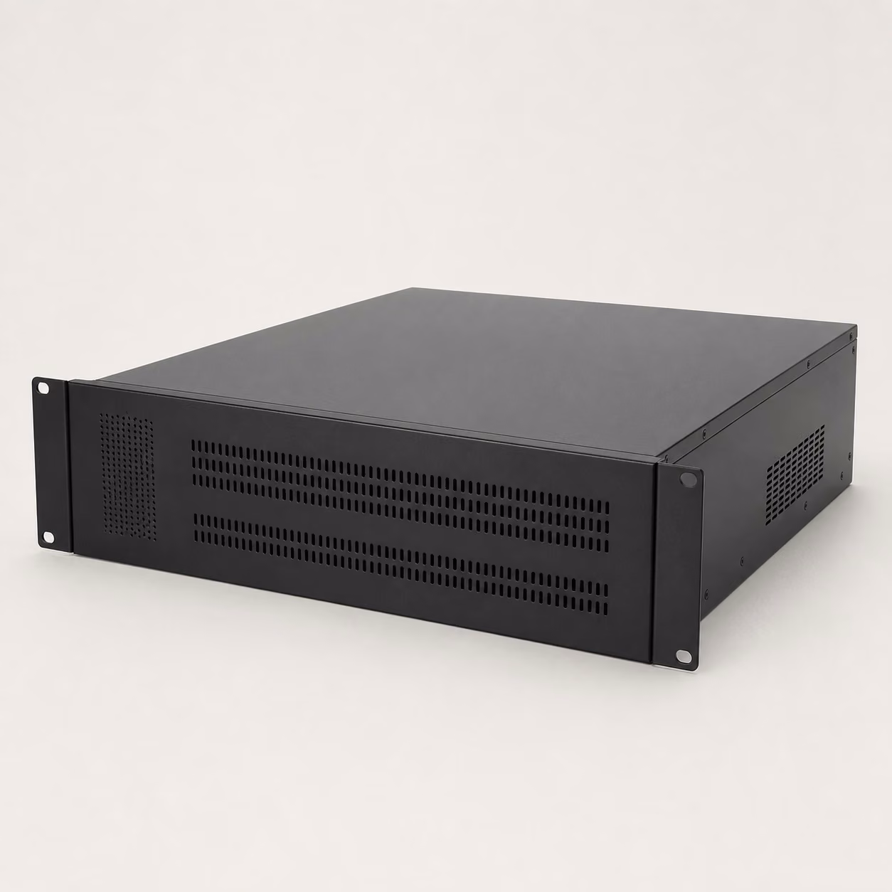Black powder-coated 19-inch rackmount chassis with folded panels, ventilation slots, front mounting ears, and installed hardware.