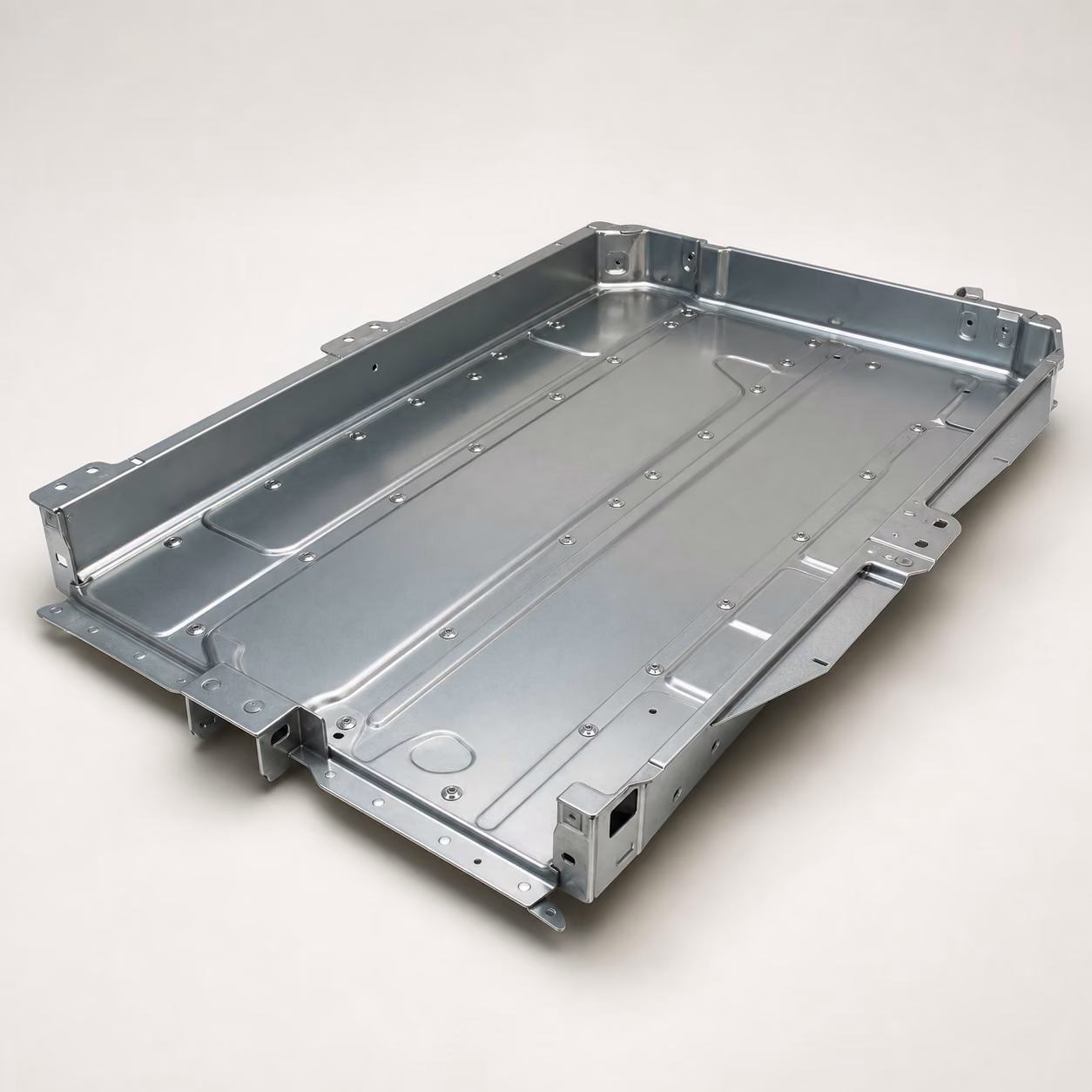 Formed aluminum battery module tray with perimeter flanges, stiffening channels, mounting holes, and installed threaded hardware.