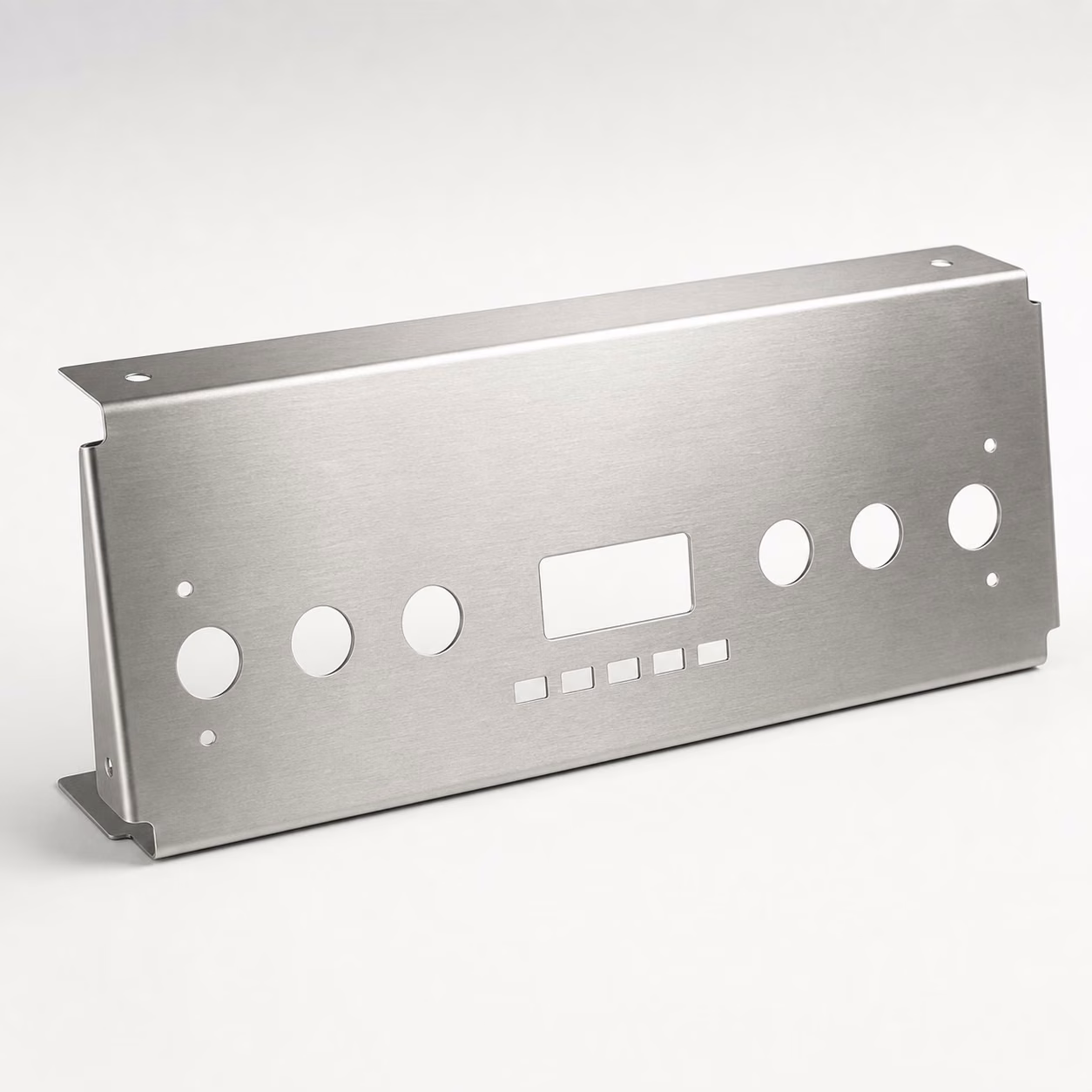 Brushed stainless steel appliance control panel with display and control openings, folded mounting flanges, and uniform directional grain.