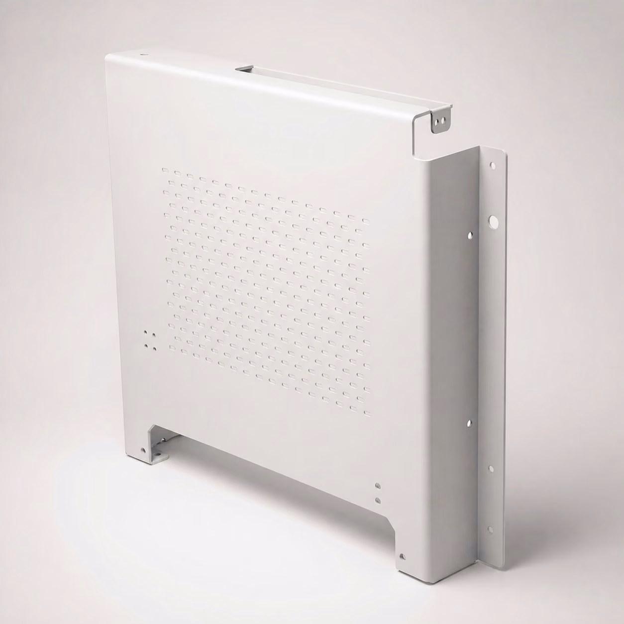 White powder-coated aluminum medical cart equipment panel with ventilation perforations, folded returns, and mounting features.