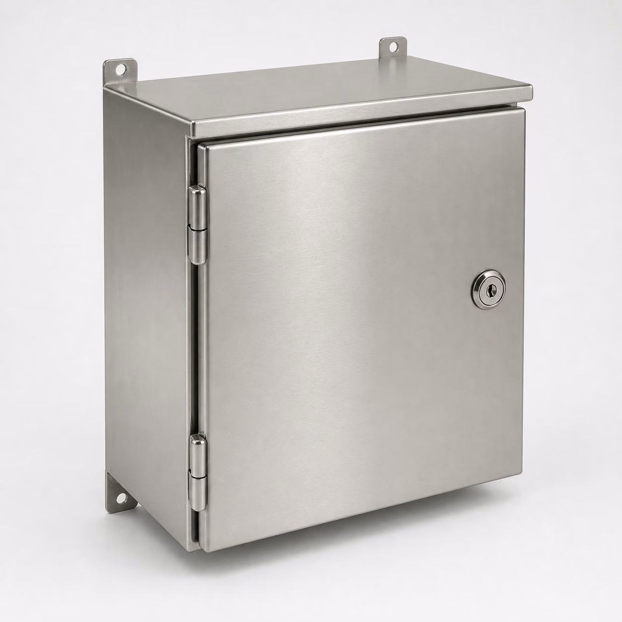 Brushed stainless steel control enclosure with closed corners, a hinged front door, and visible mounting features.